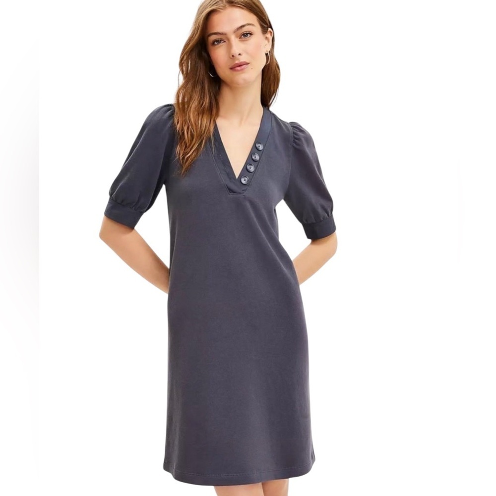 LOFT Charcoal V-Neck Midi Dress puff sleeve cotton sweatshirt size medium